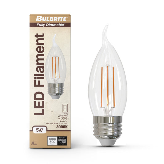 Bulbrite 862084 LED Filament Pack of (4) 5 Watt Dimmable CA10 Light Bulb with Clear Glass Finish and Medium (E26) Base - 3000K (Soft White Light), 500 Lumens