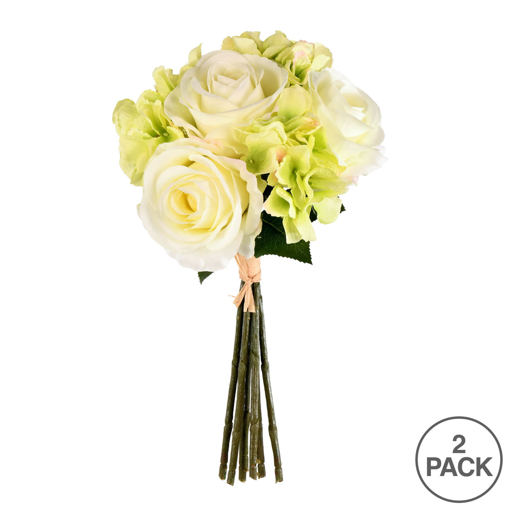Vickerman 13" Artificial Green Cream Rose Hydrangea Bouquet Pack of 2