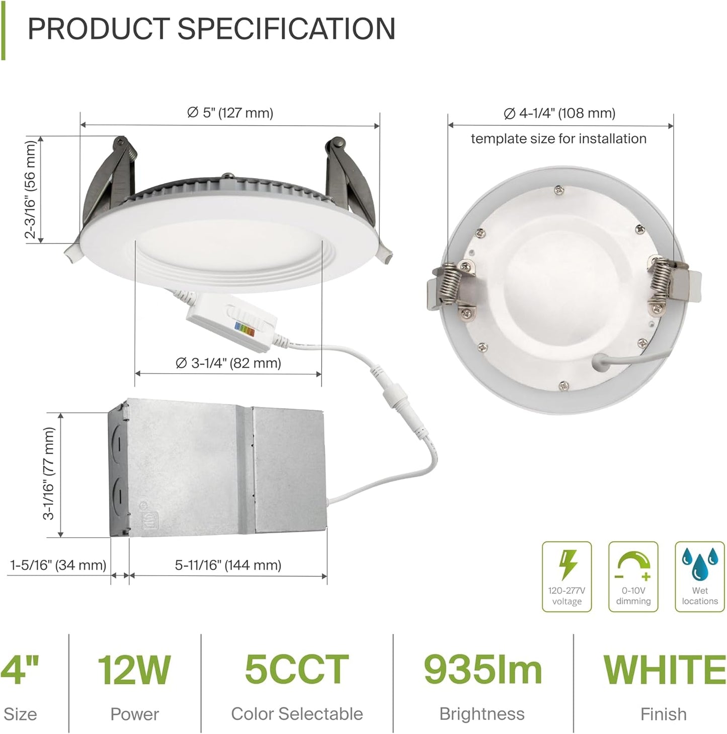 ASD Lighting LED Recessed Mini Panel Round 4inch 12W 120-277V 0-10V Dimmable 2700/3000/3500/4000/5000K with Baffle Trim White ETL Energy Star
