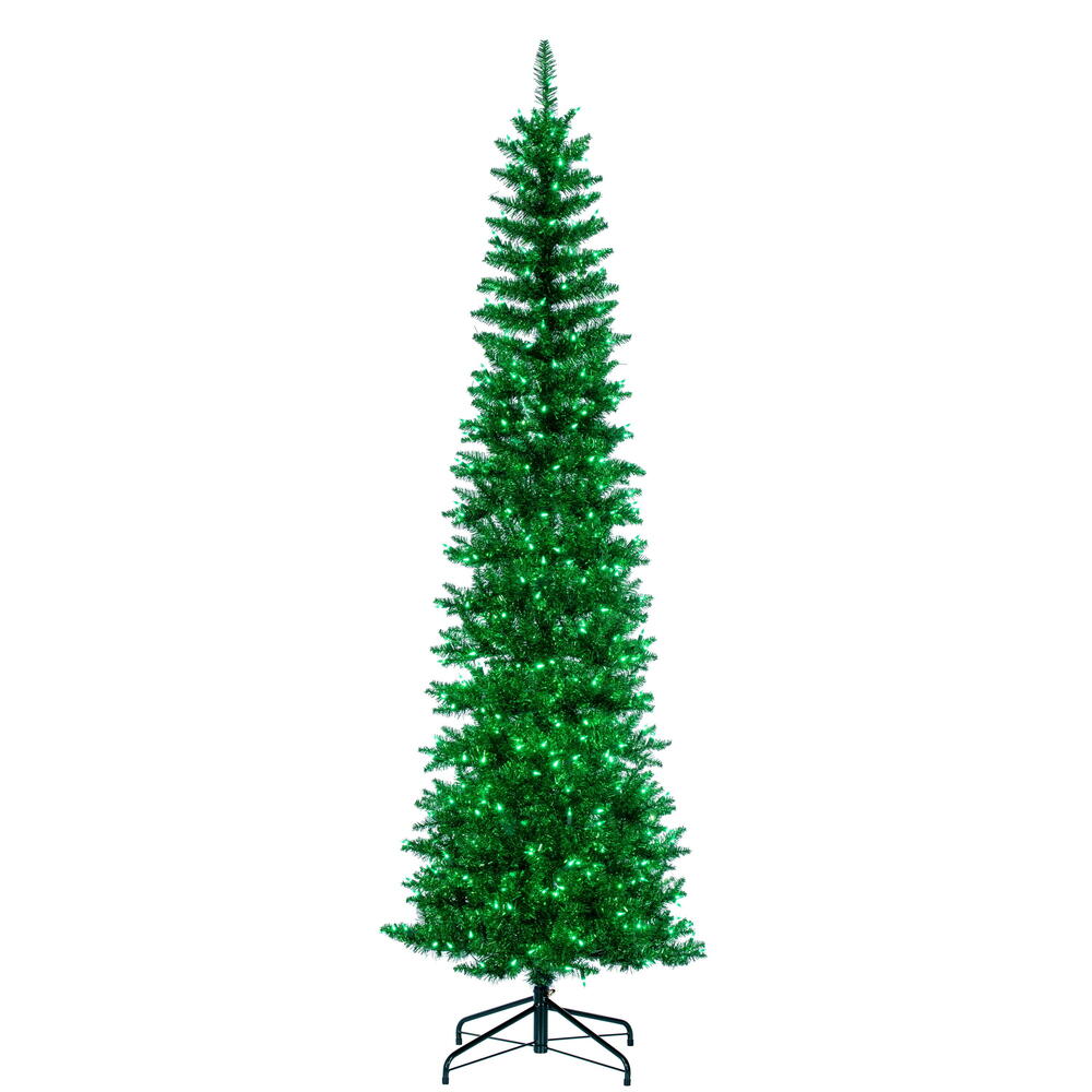 Vickerman 7.5' x 32" Green Tinsel Pencil Artificial Pre-Lit Christmas Tree with 450 Dura-Lit® Green LED Mini Lights. It measures 90 inches tall, and 28 inches wide, which is considered a pencil profile. This tree boasts 965 tips for a realistic look. Pre-