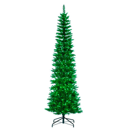 Vickerman 7.5' x 32" Green Tinsel Pencil Artificial Pre-Lit Christmas Tree with 450 Dura-Lit® Green LED Mini Lights. It measures 90 inches tall, and 28 inches wide, which is considered a pencil profile. This tree boasts 965 tips for a realistic look. Pre-