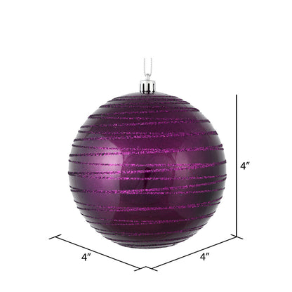 Vickerman 4" Plum Candy Finish Ball Ornament with Glitter Lines 4 per Bag