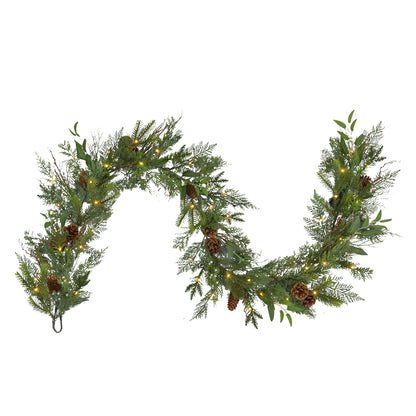 Vickerman 6' x 16" Cedar Pine Cone Twig Artificial Christmas Garland Battery Operated Warm White Lights
