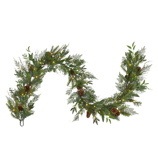 Vickerman 6' x 16" Cedar Pine Cone Twig Artificial Christmas Garland Battery Operated Warm White Lights