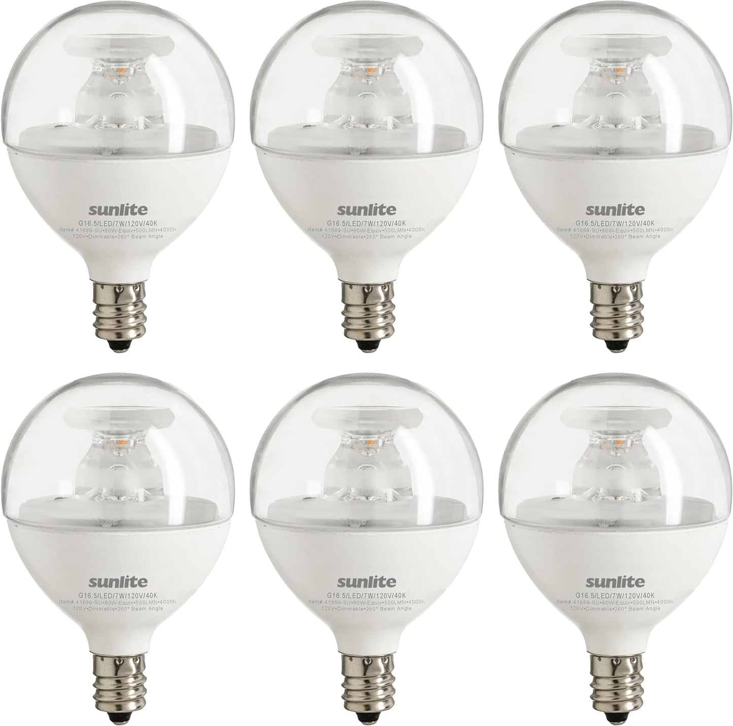 Sunlite LED G16.5 Clear Globe Light Bulb, 7 Watts (60W Equivalent), 500 lumens, Dimmable, Candelabra Base (E12), 120 Volts, ETL Listed, 260 Degree Beam Angle, 4000K Cool White, 6 Pack