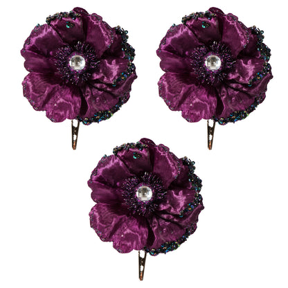 Vickerman 5" Artificial Plum Polyester Wild Poppy Head with Sequin Glitter and Clip pack of 3