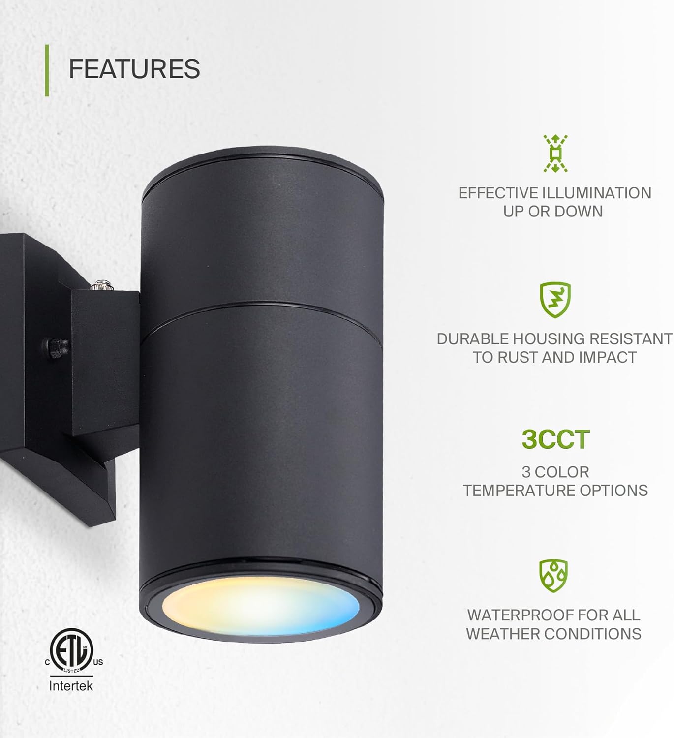 ASD Lighting LED Round Outdoor Wall Cylinder 9W 120V CCT Selectable 3000/4000/5000K with Photocell Black ETL 2pack