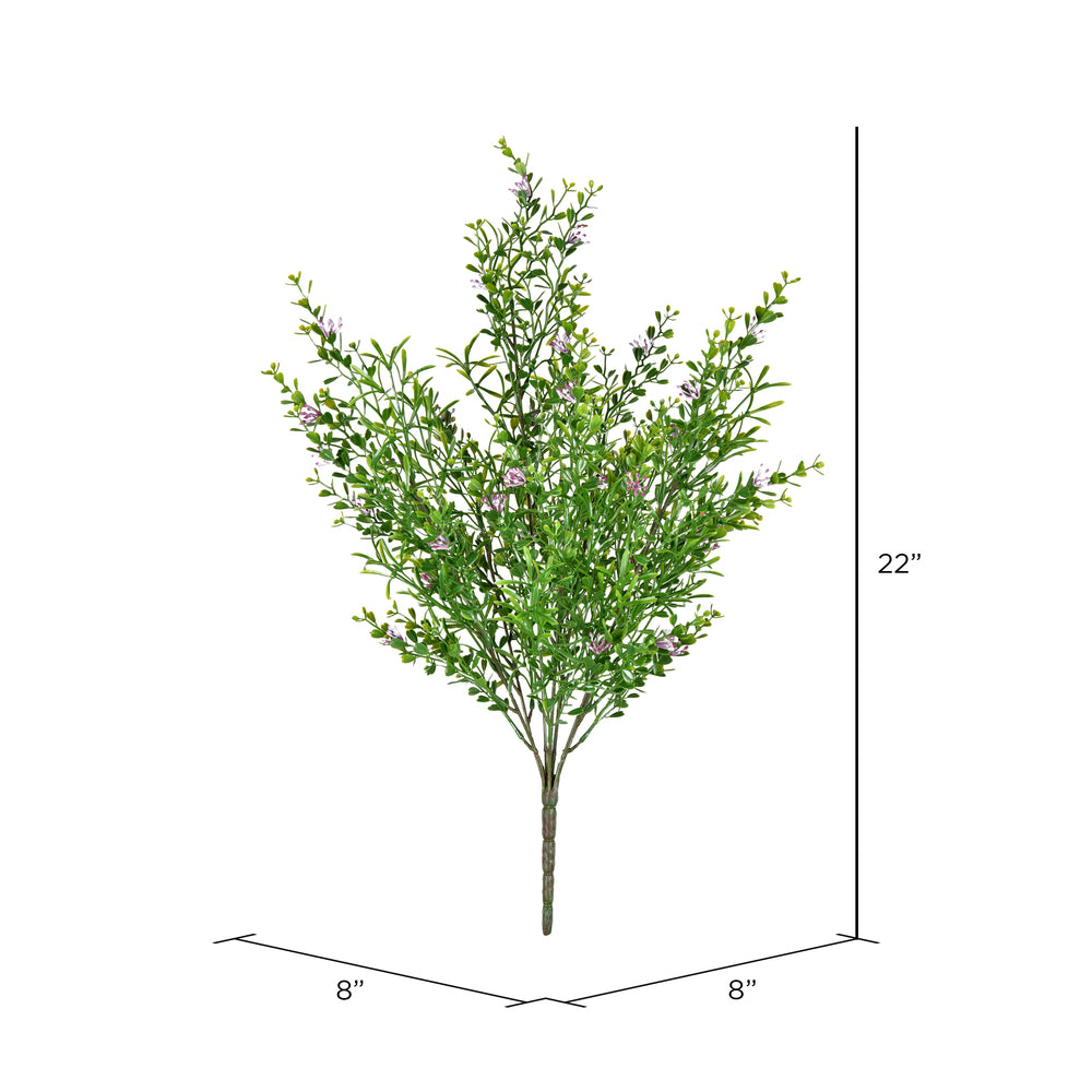 Vickerman 22" Artificial UV Coated Bush with Mini Purple Flowers and Boxwood Greenery.