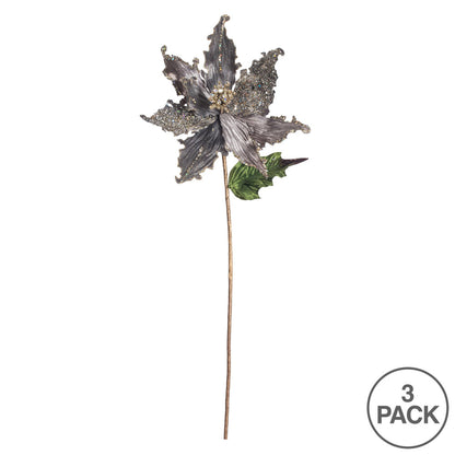 Vickerman 20" Silver Pointed Pearl Poinsettia Artificial Christmas Stem Pack of 3