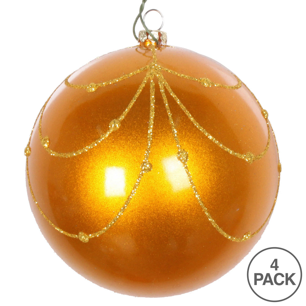 Vickerman 4" Antique Gold Candy Finish Curtain Ornament with Glitter Accents 4 per Bag