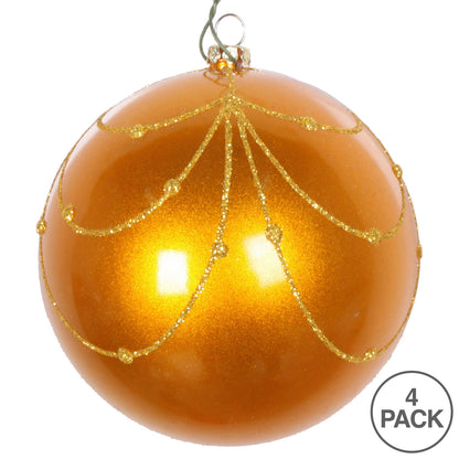 Vickerman 4" Antique Gold Candy Finish Curtain Ornament with Glitter Accents 4 per Bag
