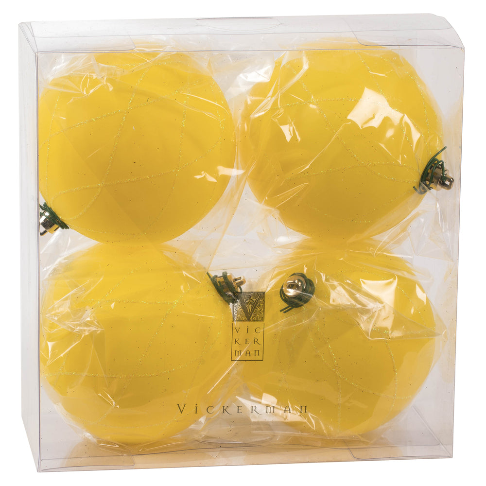 Vickerman 4" Yellow Matte and Glitter Swirl Ball Ornament 4 per Box