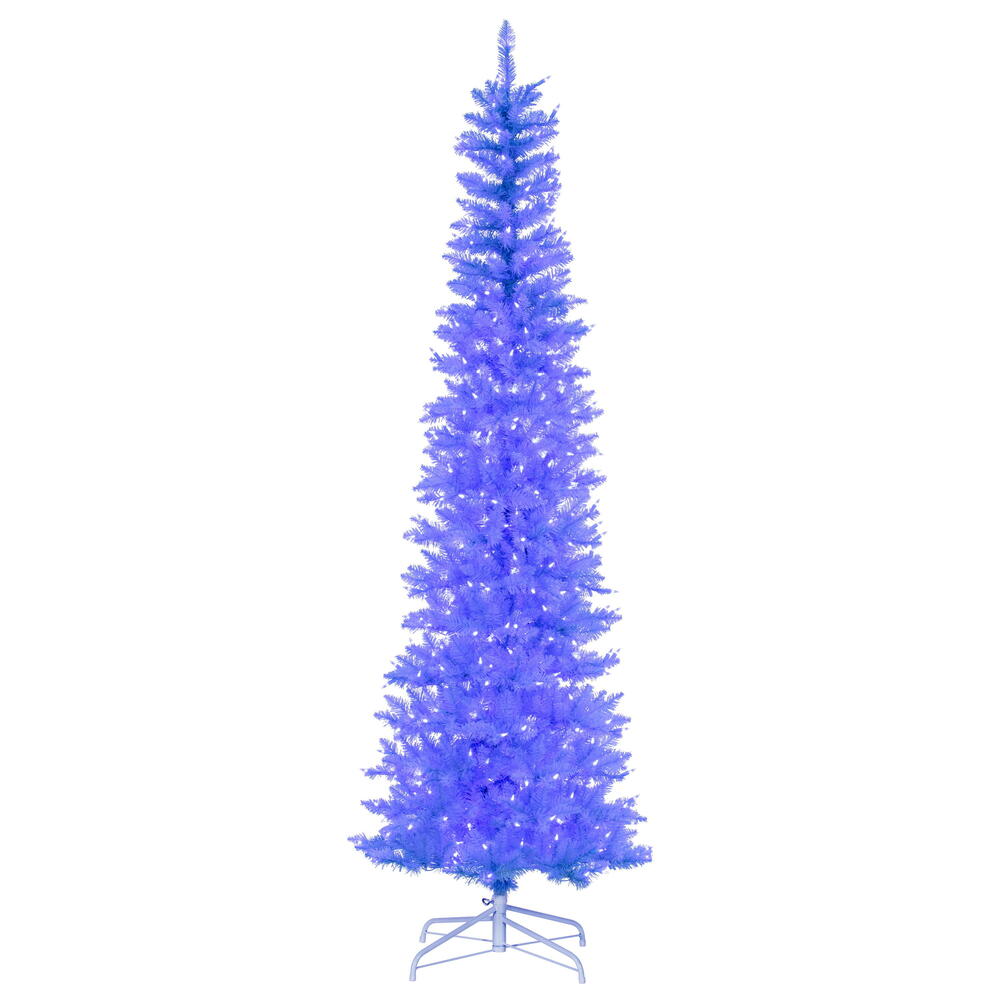Vickerman 7.5' x 32" Sky Blue Pencil Artificial Pre-Lit Christmas Tree with 450 Dura-Lit® Blue LED Mini Lights. It measures 90 inches tall, and 28 inches wide, which is considered a pencil profile. This tree boasts 965 tips for a realistic look. Pre-lit w