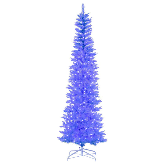 Vickerman 7.5' x 32" Sky Blue Pencil Artificial Pre-Lit Christmas Tree with 450 Dura-Lit® Blue LED Mini Lights. It measures 90 inches tall, and 28 inches wide, which is considered a pencil profile. This tree boasts 965 tips for a realistic look. Pre-lit w