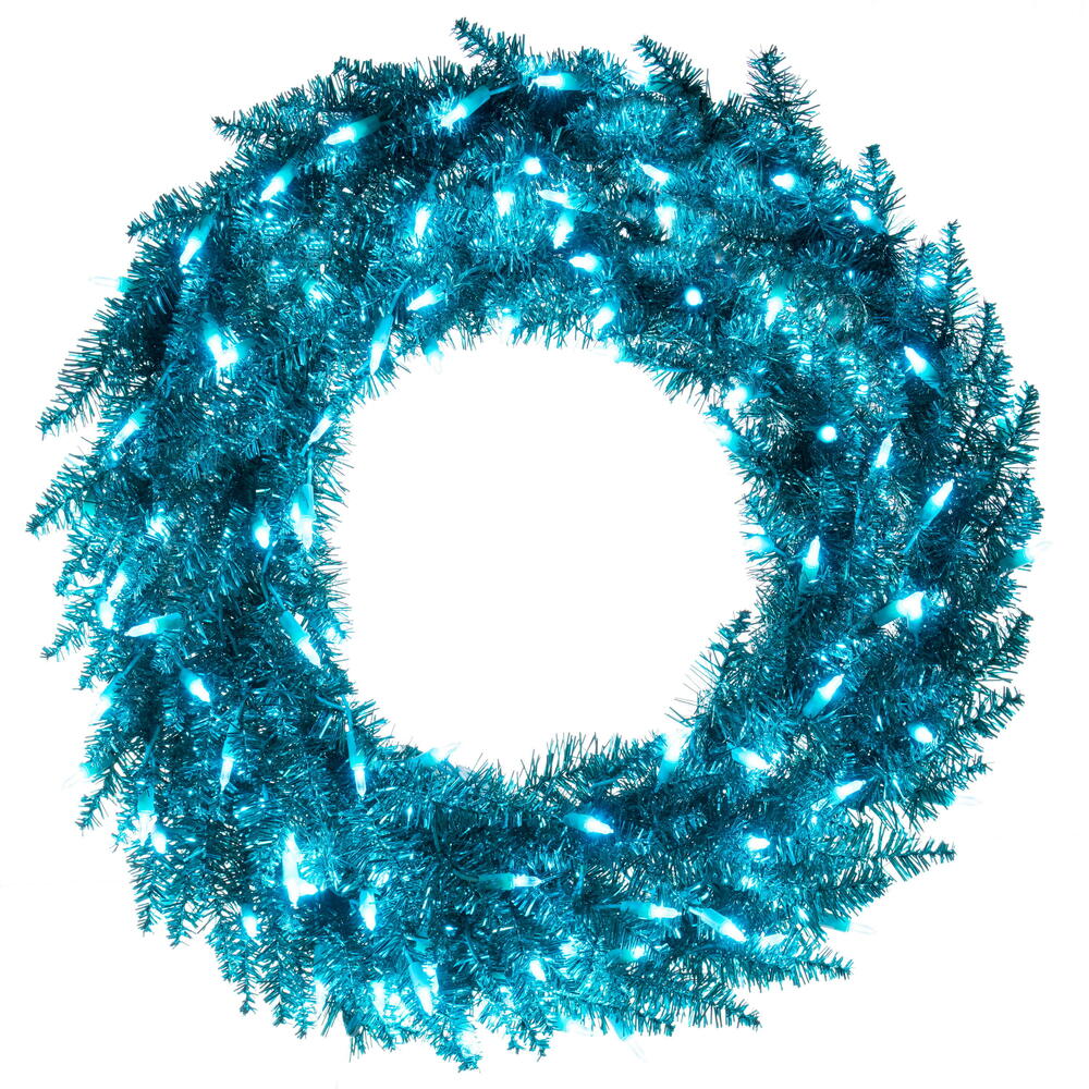 Vickerman 36" Aqua Tinsel Artificial Pre-Lit Wreath with 100 Aqua LED Mini Lights, 320 PVC Tips