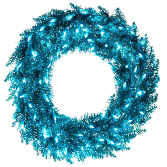 Vickerman 36" Aqua Tinsel Artificial Pre-Lit Wreath with 100 Aqua LED Mini Lights, 320 PVC Tips