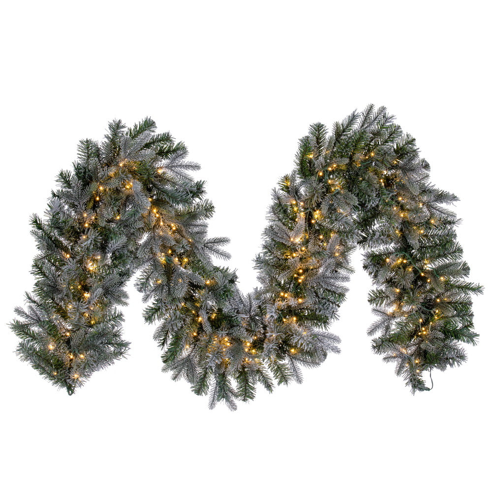 Vickerman 9' x 14" Frosted Douglas Fir Artificial Garland with Warm White LED Lights.