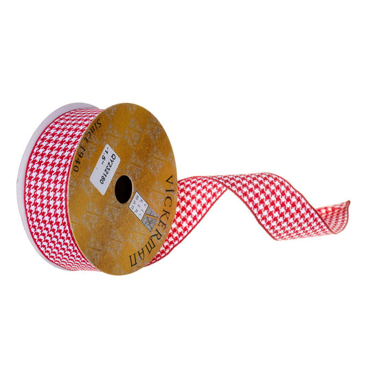 Vickerman 1.5" x 10 Yard Red and White Houndstooth Wired Ribbon.