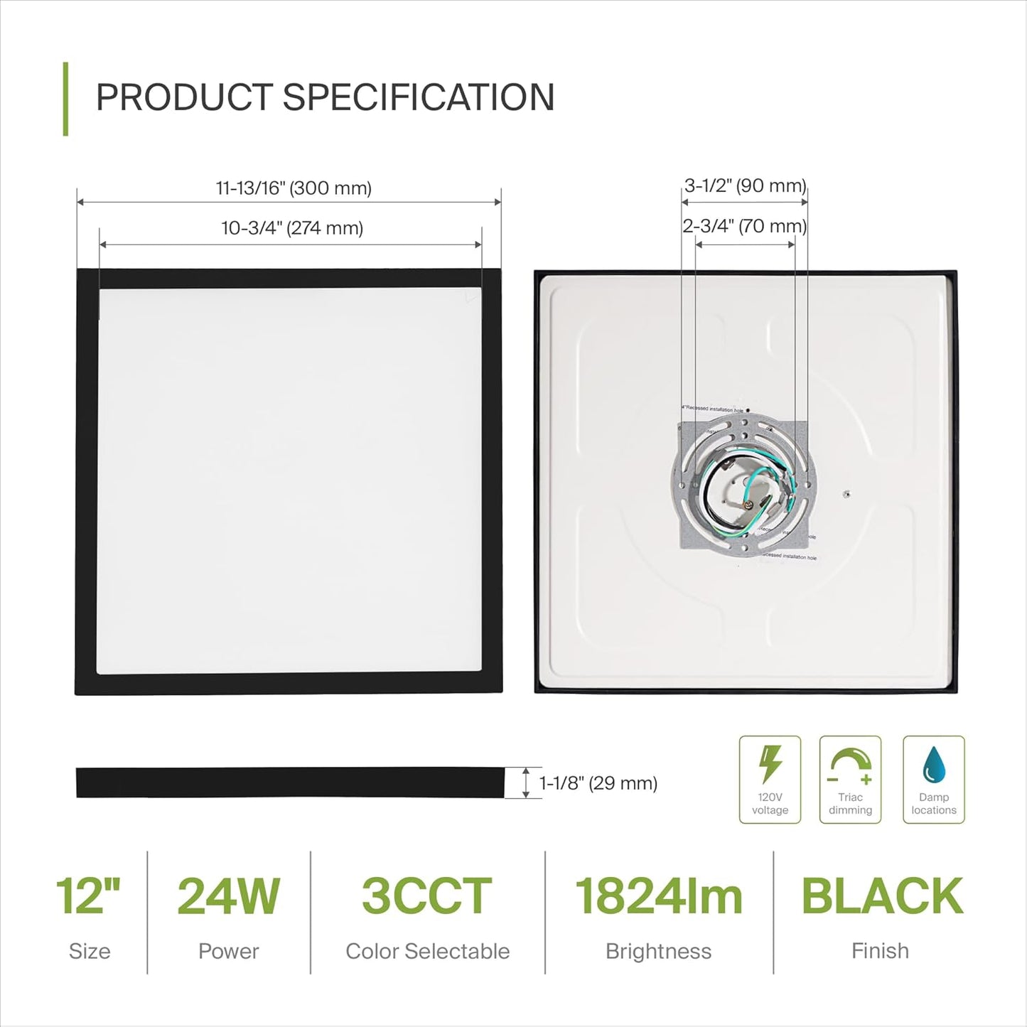 ASD Lighting LED Square Surface Mini Panel 12" 24W 120V CCT Selectable 3000/4000/5000K Dimmable Black ETL
