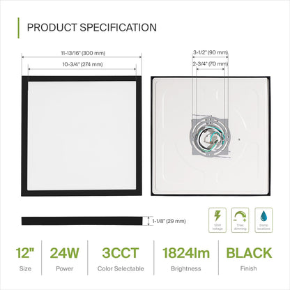 ASD Lighting LED Square Surface Mini Panel 12" 24W 120V CCT Selectable 3000/4000/5000K Dimmable Black ETL