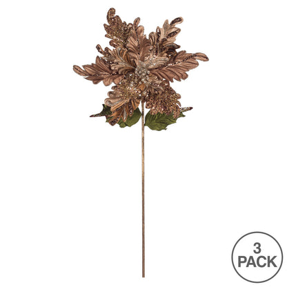 Vickerman 20" Chocolate Glitter Poinsettia Artificial Christmas Stem Pack of 3