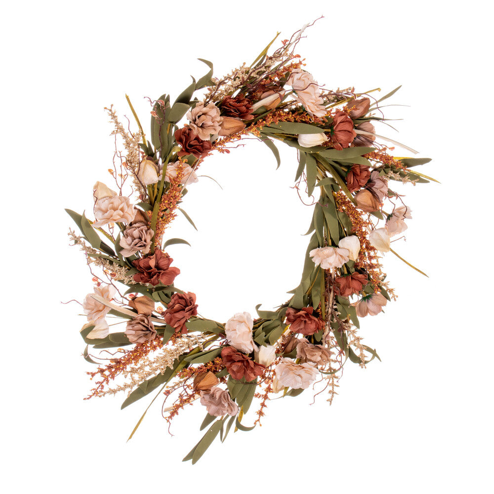 Vickerman 20" Brown and Cream Artificial Carnation and Chinese Lantern Wreath.