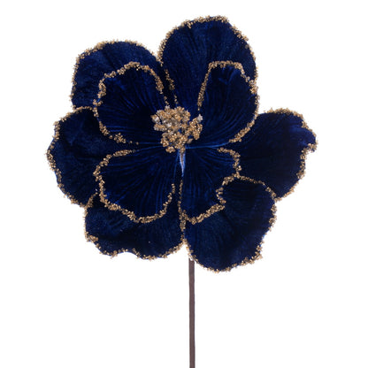 Vickerman 17" Artificial Midnight Blue and Gold Edge Magnolia Christmas Stem 5 per bag