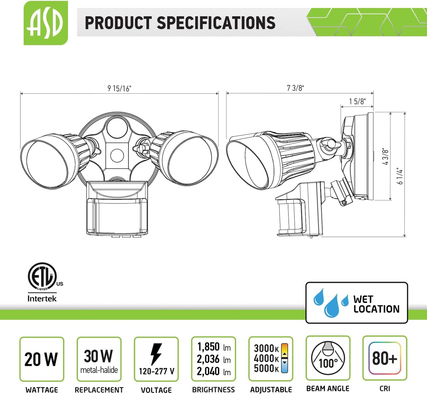 ASD Lighting LED Security Floodlight 2 round heads 20W 120-277V CCT Selectable 3000/4000/5000K with 180° Motion Sensor and Photocell White ETL