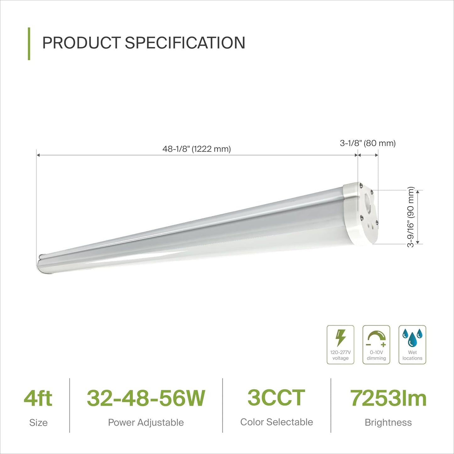 ASD Lighting LED Seamless Vapor Proof Fixture 4ft 32/48/56W 120-277V 0-10V Dimmable 125Lm/W 3500/4000/5000K White UL DLC Standard