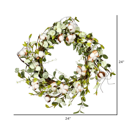 Vickerman 24" Artificial White Cotton Mixed Greenery Wreath.