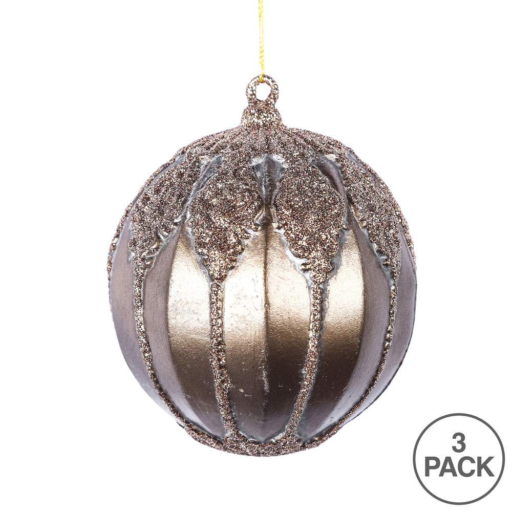 Vickerman 4.5" Mocha Antique Embossed Line Ball Ornament 3 per Bag