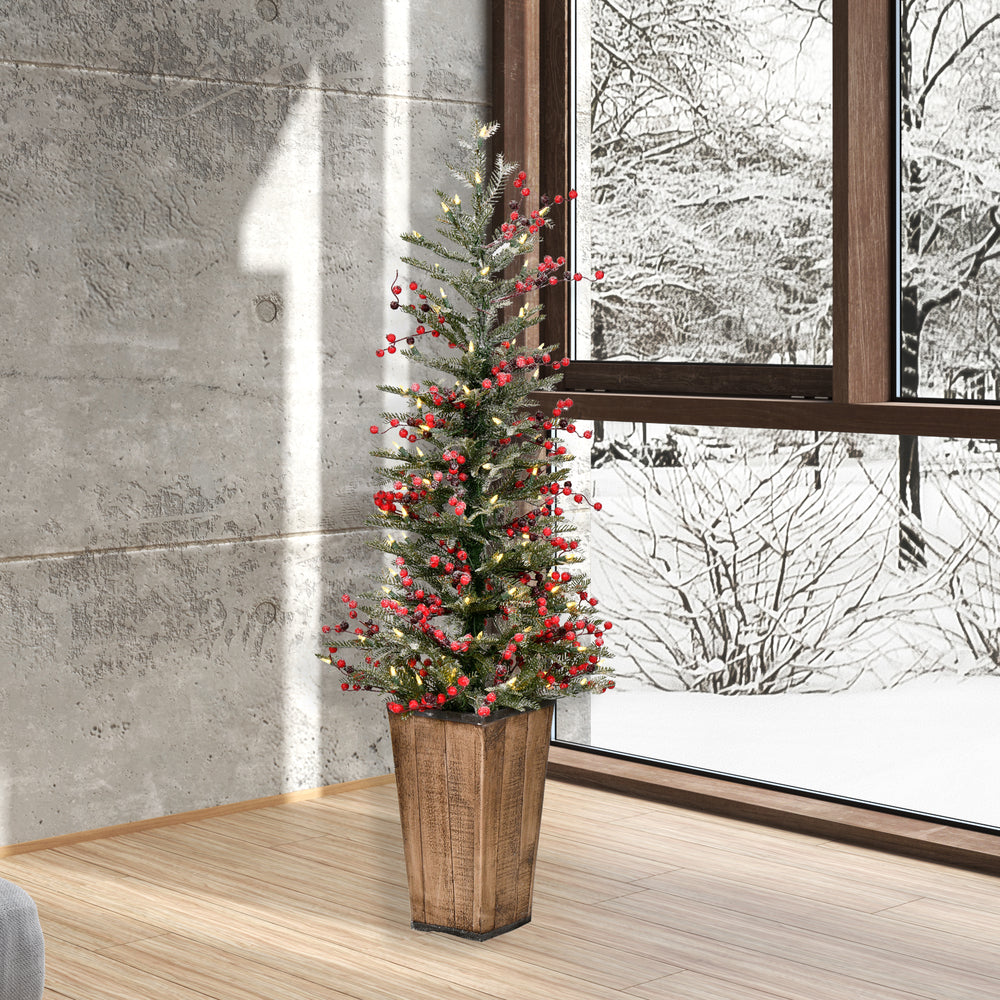 Vickerman 4.5' x 20" Frosted Berry Potted Pine Artificial Christmas Tree Warm White LED Lights