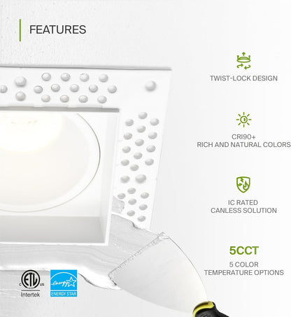 ASD Lighting LED Trimless Downlight Square 2inch 15W 120V Triac 2700/3000/3500/4000/5000K White ETL Energy Star