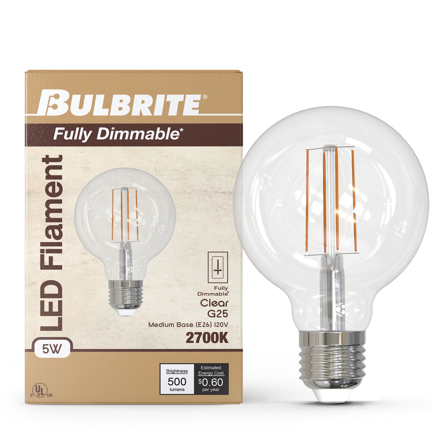 Bulbrite 776973 5W LED G25 2700K FILAMENT FULLY COMPATIBLE DIMMING