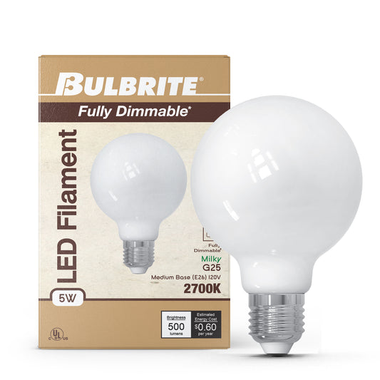 Bulbrite 776974 5W LED G25 2700K FILAMENT MILKY FULLY COMPATIBLE DIMMING