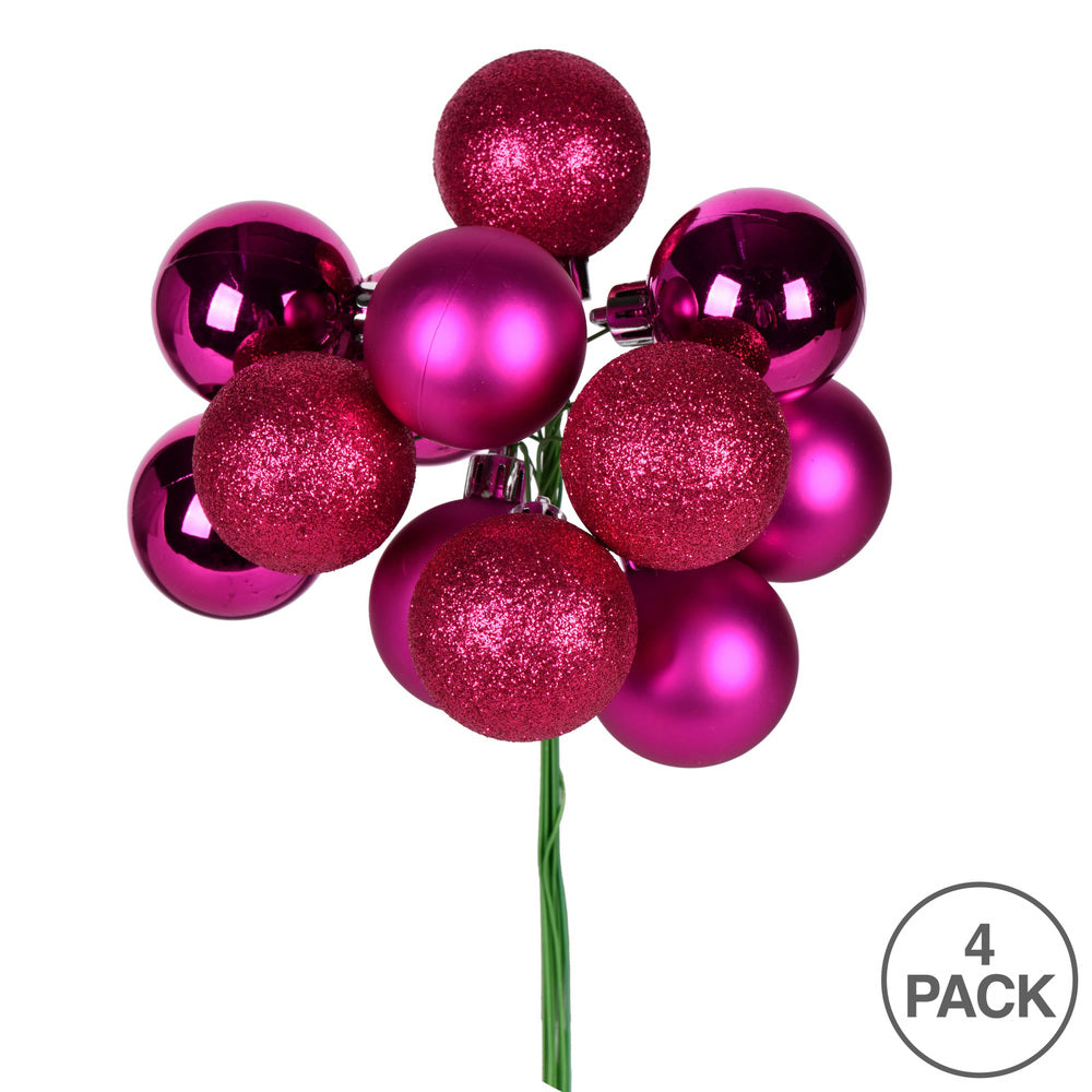 Vickerman 12" Fuchsia Ball Ornament Christmas Pick 4 per set