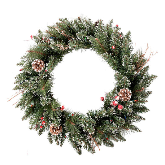 Vickerman 30" Snow Tipped Pine and Berry Artificial Christmas Wreath Multi-colored Dura-lit LED Mini Lights