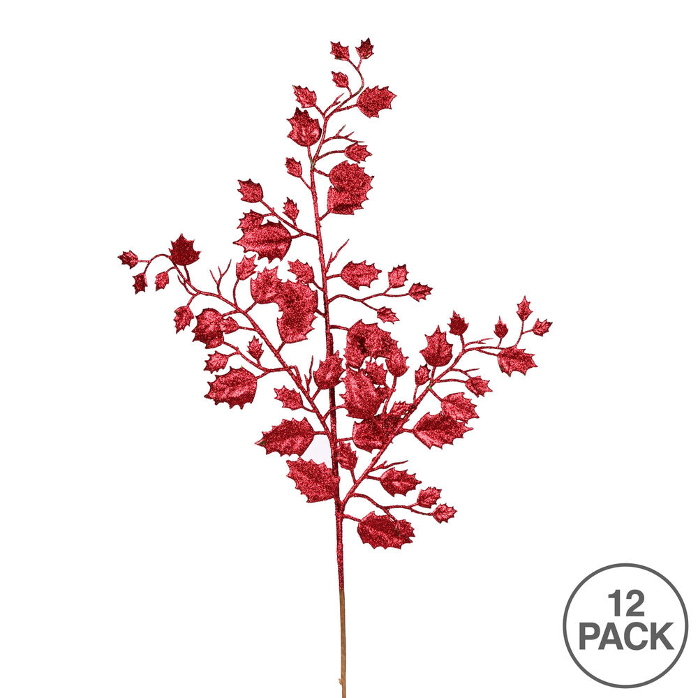 Vickerman 27" Burgundy Glitter Holly Leaf Artificial Christmas Spray. Includes 12 sprays per pack.
