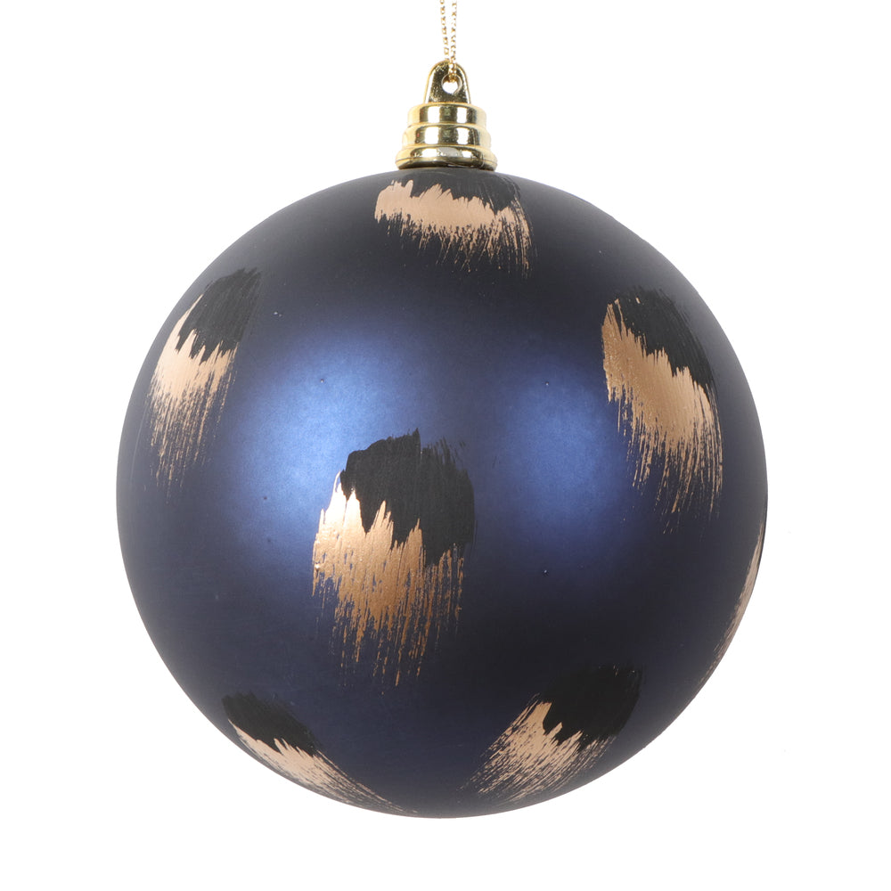 Vickerman 4" Matte Midnight Blue Ball Ornament with Gold and Black Brush Strokes 4 per bag.