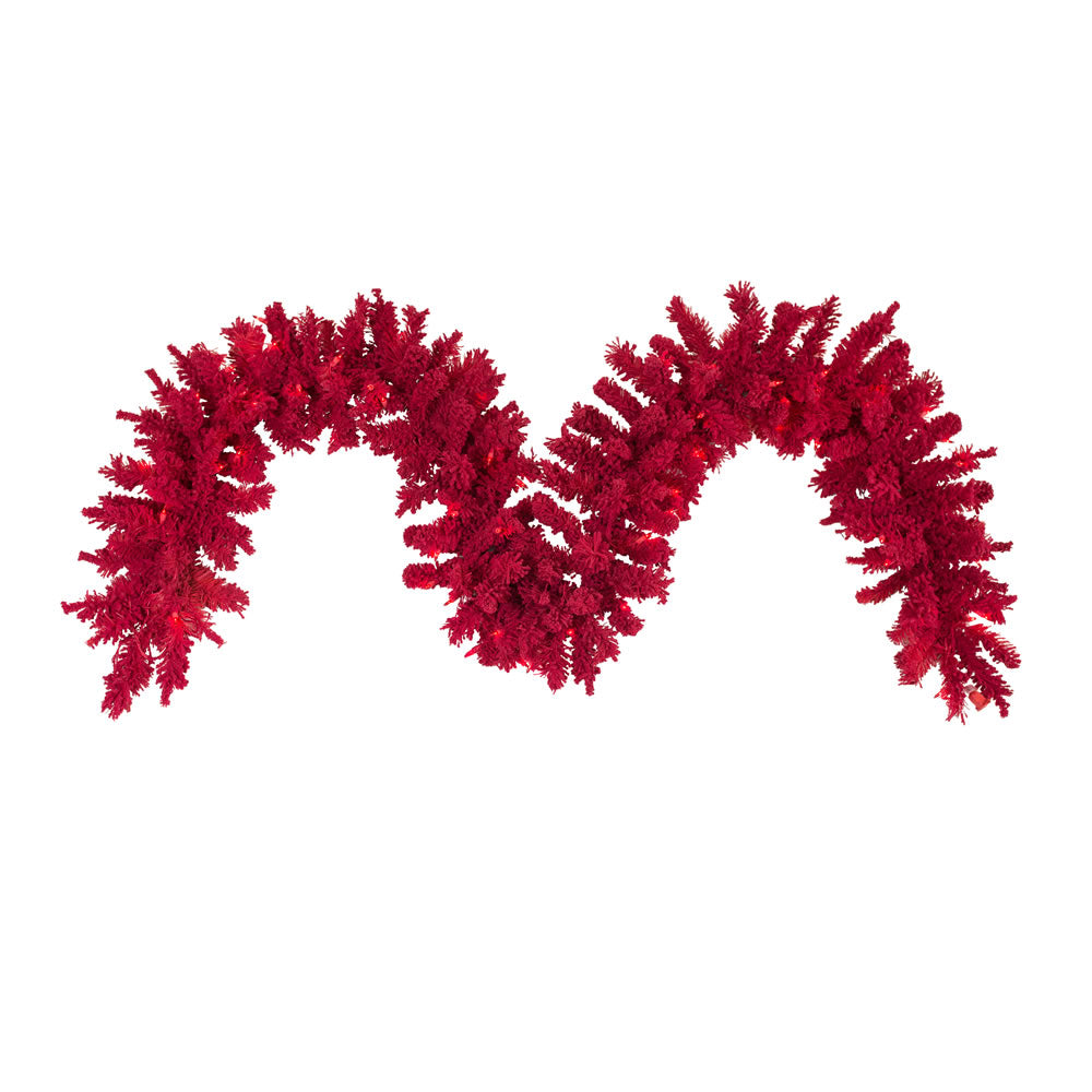 Vickerman 9' Flocked Red Artificial Christmas Garland Red Dura-Lit LED lights.