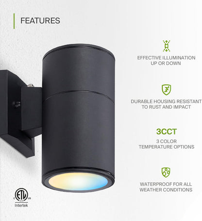 ASD Lighting LED Outdoor Wall Cylinder Round Up or Down 9W 120V 3000/4000/5000K with Photocell Black ETL