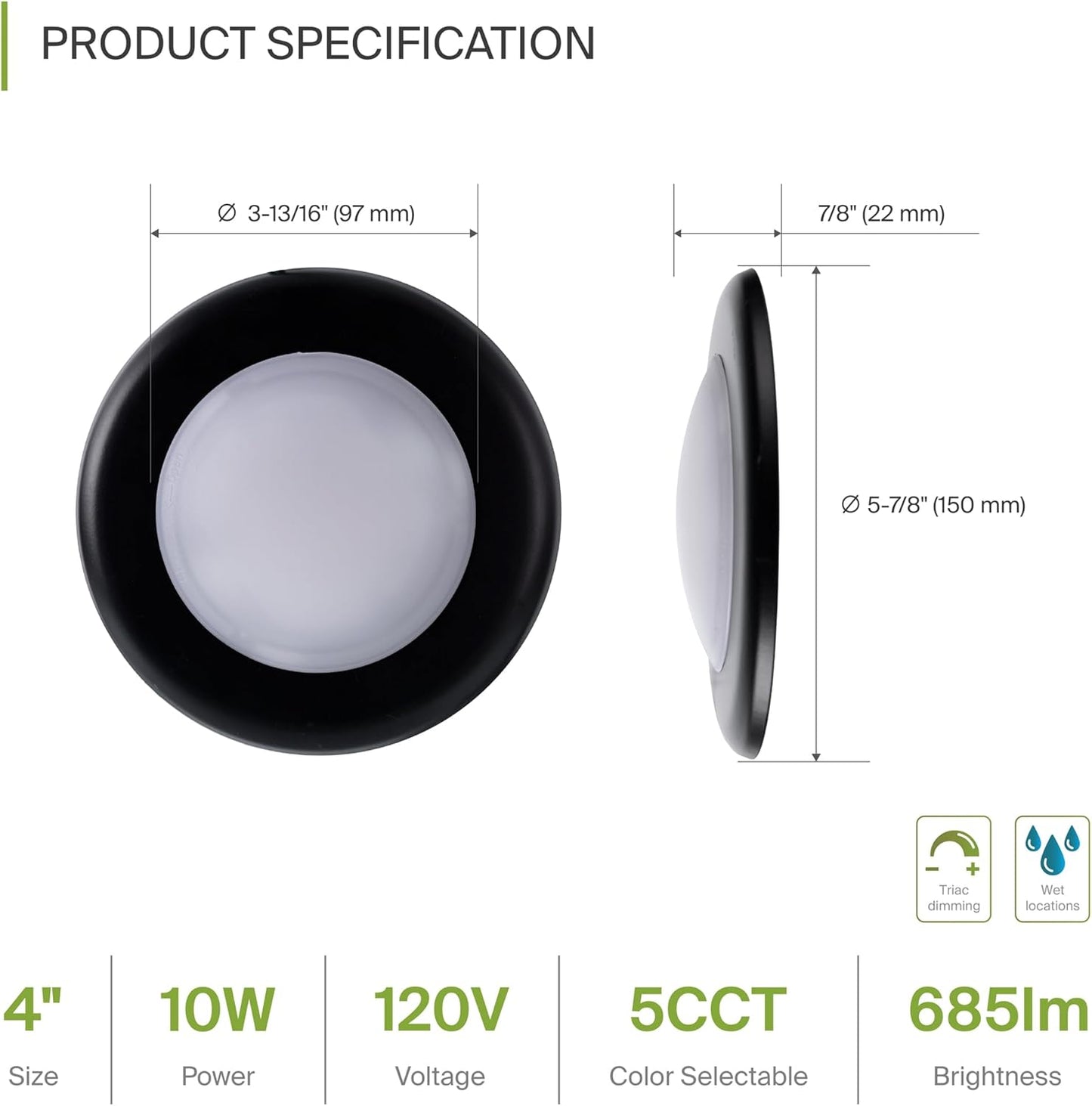 ASD Lighting LED Disk Light 4inch 10W 120V Triac 2700/3000/3500/4000/5000K Black UL