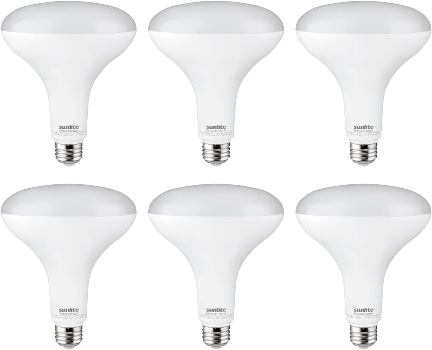 Sunlite 81488 LED BR40 Reflector Light Bulb, 13 Watts (85 Watt Equivalent), 120V, 1150 Lumens, Medium E26 Base, 90 CRI, Dimmable, Energy Star, Title-20 Compliant, ETL Listed, 6 Pack, 3000K Warm White