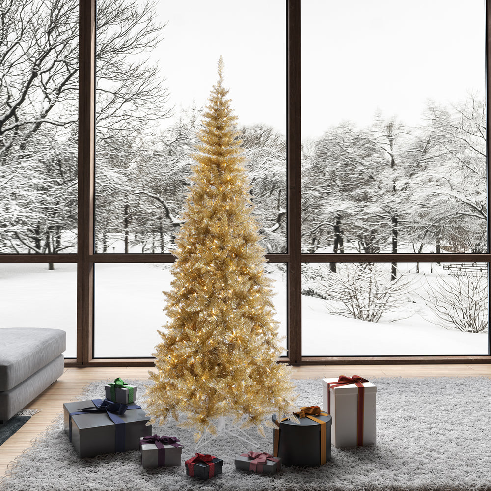 Vickerman 7.5' Champagne Tinsel Fir Slim Artificial Christmas Tree Warm White Dura-lit LED Lights