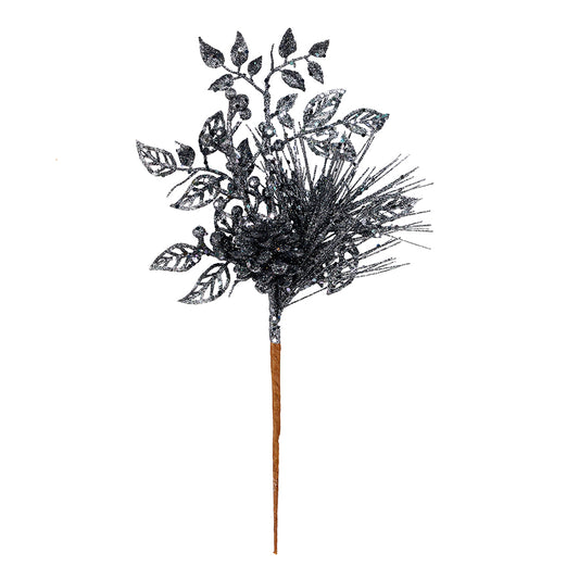 Vickerman 10" Gunmetal Pinecone Glitter Leaf Artificial Christmas Pick 12 per Bag