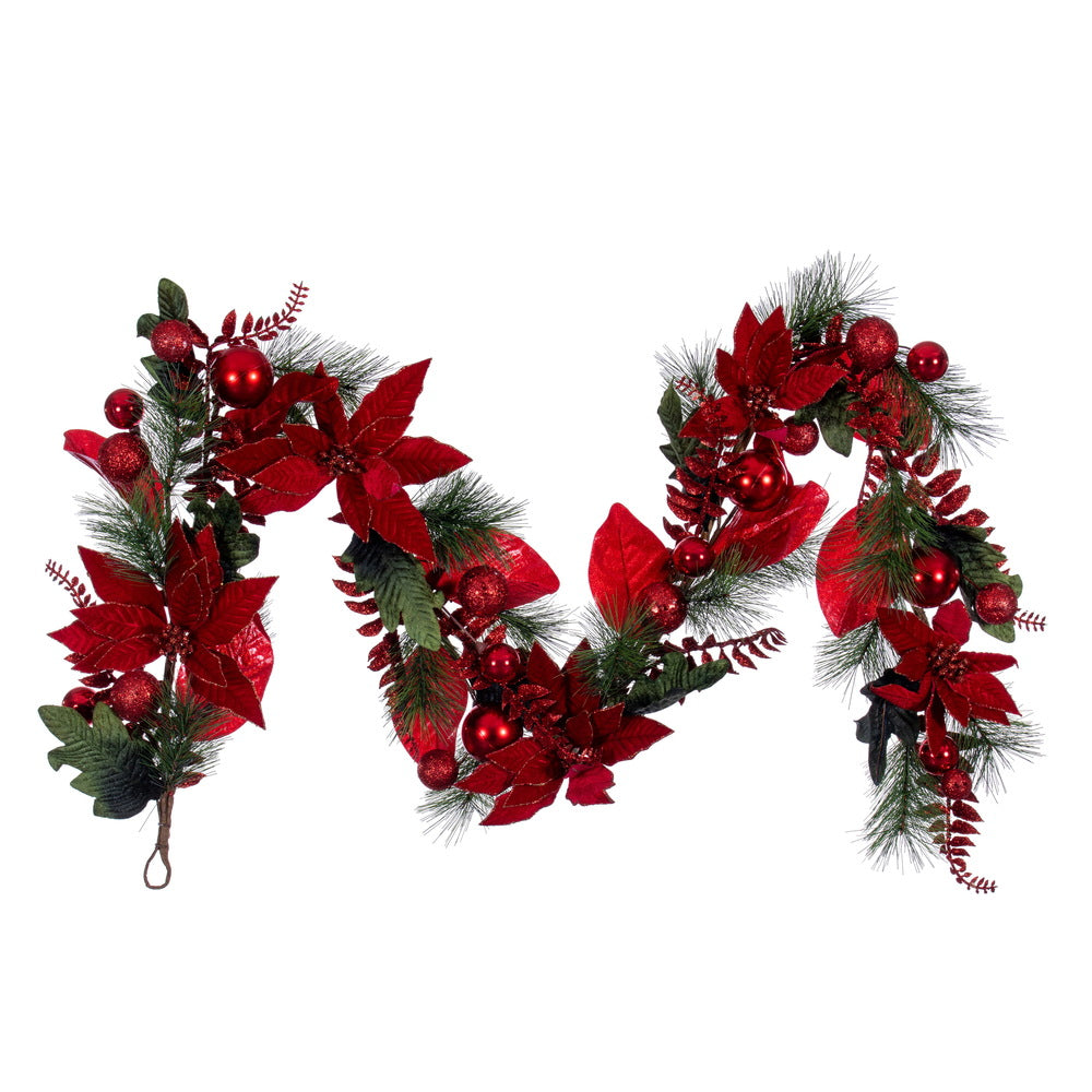 Vickerman 72" Merry Red Poinsettia Ball and Fern Decorated Garland.
