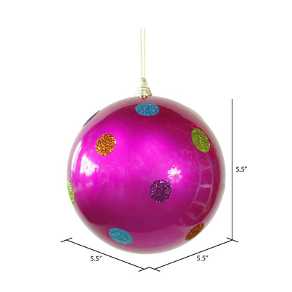 Vickerman 5.5" Cerise Candy Finish Ball Christmas Ornament with Multi-Colored Polka Dots