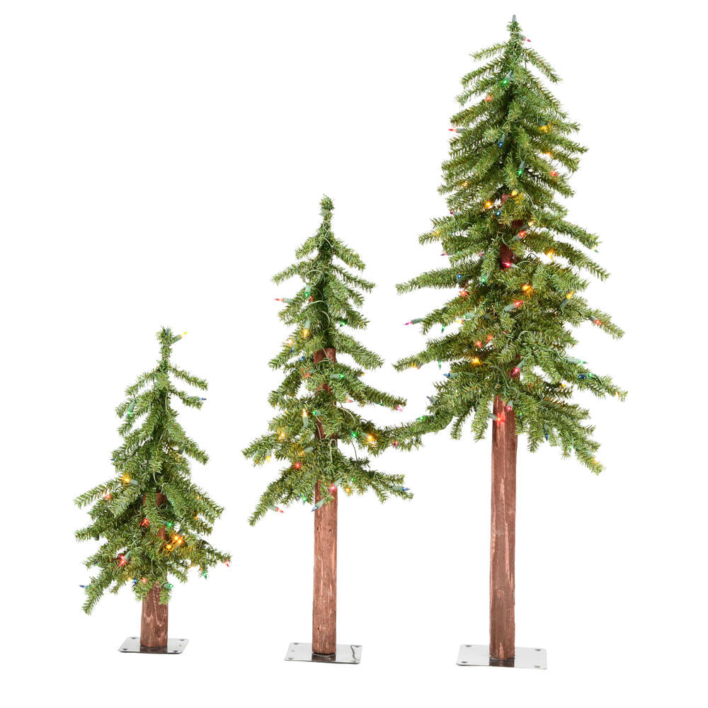 Vickerman 2' 3' 4' Natural Alpine Artificial Christmas Tree Set Multi-colored LED Lights Set of 3