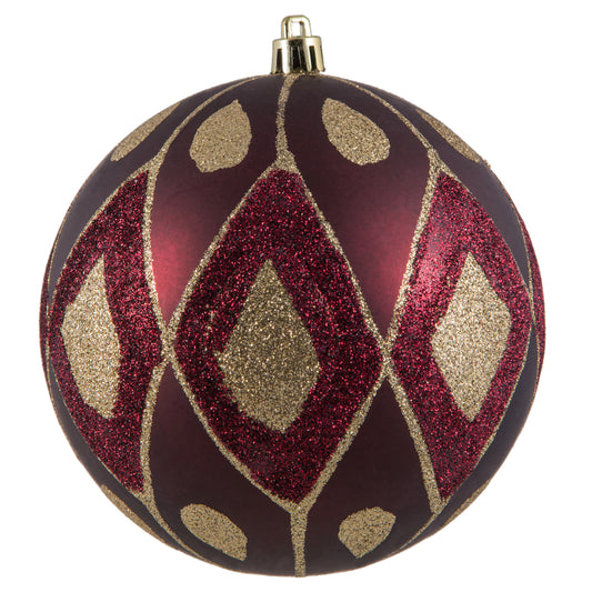 Vickerman 4.75" Wine Matte Ball with Glitter Diamond Pattern. Add variety and sparkle to your holiday arrangement with this matte ornament that features a glitter pattern. Includes 4 pieces per bag. Made with shatterproof plastic. Ornament has a drilled c