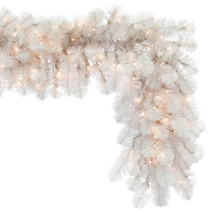 Vickerman 9' x 14" White Artificial Christmas Garland Warm White LED 3MM 8 Function Lights